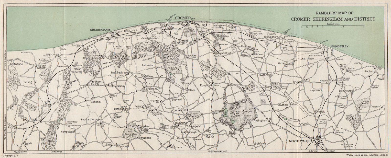 NORFOLK COAST. Cromer & Sheringham environs. North Walsham Mundesley 1950 map